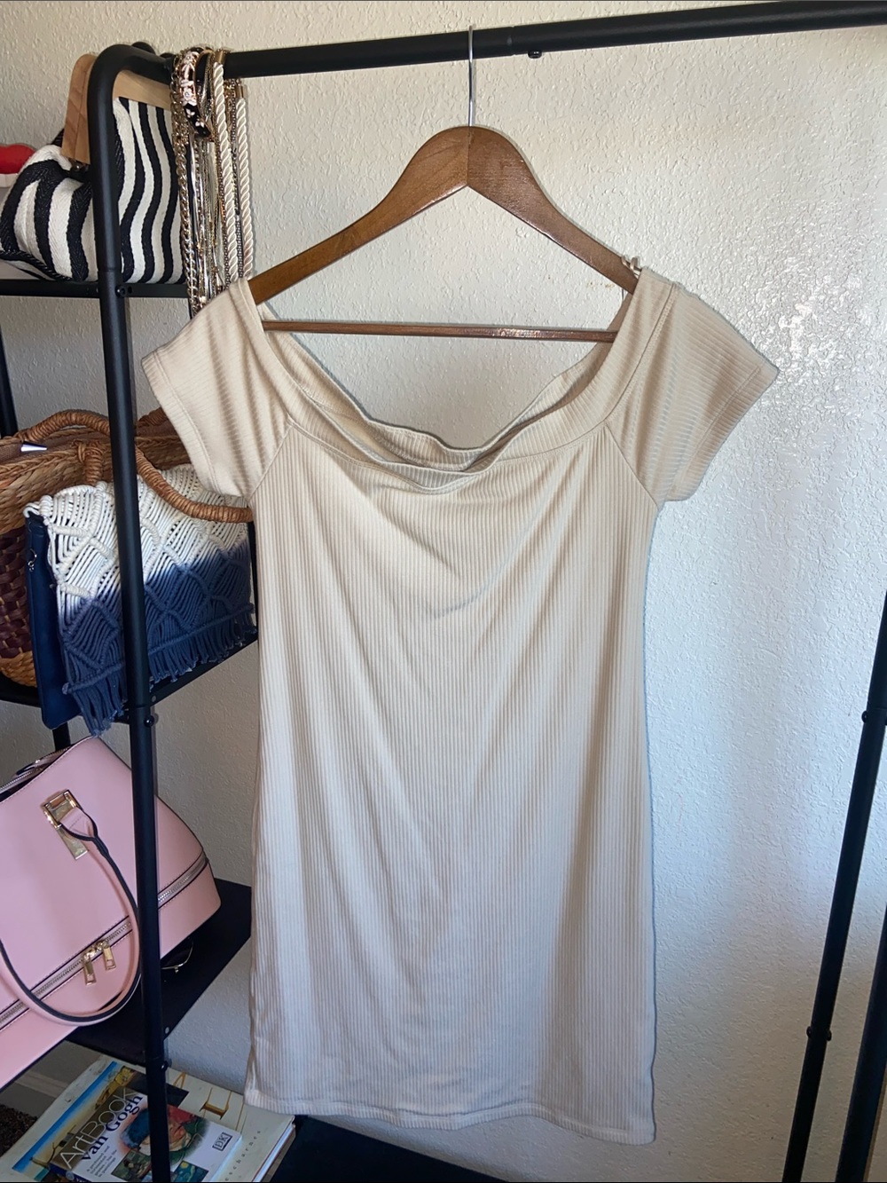 Old Navy Cream Off-Shoulder Ribbed Mini Dress